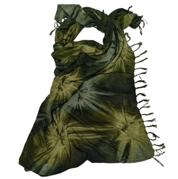 Women's OS Long Tropical Boho Green Tie Dye & Fringe Sarong Wrap/Neck Scarf - Picture 3 of 6